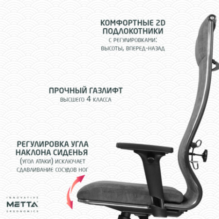 Кресло офисное МЕТТА "L1m 42/2D", хром, 2D-подлокотники, сиденье и спинка мягкие, велюр, темно-серое