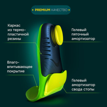 Стельки для кроссовок СПОРТИВНЫЕ КАРКАСНЫЕ, материал PU PRO SPORT, размер RU 42-43 / EU 43-44, с линиями выреза, SHEGRA (ШЕГРА), 700768