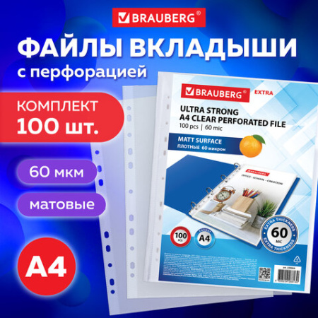 Папки-файлы перфорированные А4 BRAUBERG "EXTRA 600", КОМПЛЕКТ 100 шт., матовые, ПЛОТНЫЕ, 60 мкм, 229664