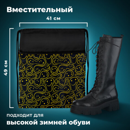 Мешок для обуви BRAUBERG БОЛЬШОЙ, с ручкой, карман на молнии, сетка, 49х41 см, "Smiles", 272403