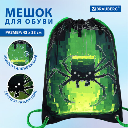 Мешок для обуви BRAUBERG PREMIUM, карман, подкладка, светоотражайка, 43х33 см, "Кибер-паук", 273444