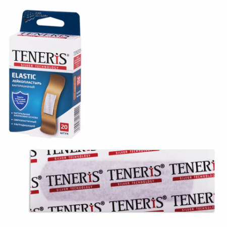 Набор пластырей 20 шт. TENERIS ELASTIC, эластичный, на тканевой основе, бактерицидный с ионами серебра, коробка с европодвесом, 0208-029