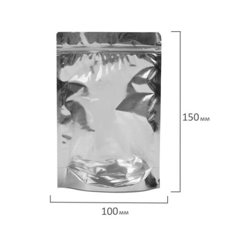 Пакеты дой-пак с замком ZIP LOCK, металлизированная + прозрачная стенка, 100х150 + 30 мм, КОМПЛЕКТ 100 штук, 70 мкм, BRAUBERG, 700682