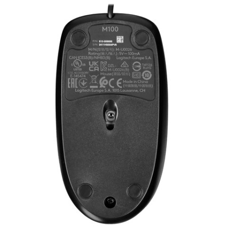 Мышь проводная LOGITECH M100, USB, 2 кнопки + 1 колесо-кнопка, оптическая, черно-серая