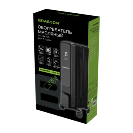 Обогреватель масляный BRASSON (БРАССОН) BOR-7 TOUCH, 7 секций, 1500 Вт, 3 режима, сенсор, пульт ДУ, черный, 457777