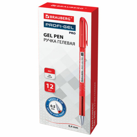 Ручка гелевая BRAUBERG "Profi-Gel PRO", КРАСНАЯ, линия письма 0,4 мм, игольчатый наконечник 0,5 мм, печать на корпусе, 144126