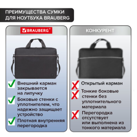 Сумка портфель BRAUBERG PRACTICAL с отделением для ноутбука 15,6", Grey line, черная, 29х40х7 см, 272604