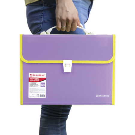 Папка-портфель пластиковая BRAUBERG "JOY", А4 (330х245х35 мм), 13 отделений, с окантовкой, фиолетовая, 227977