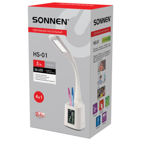 Настольная лампа / светильник SONNEN HS-01 на подставке, LCD-экран, СВЕТОДИОДНАЯ, 5 Вт, белый, 238234