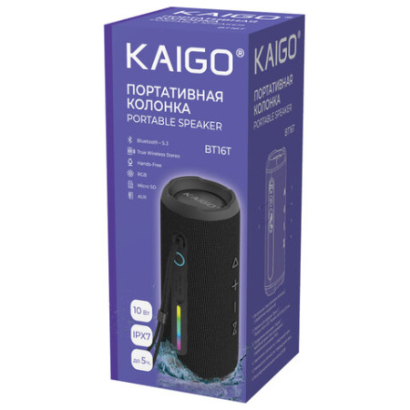 Колонка портативная влагозащищенная KAIGO (КАЙГО) BT16T, 10 Вт, Bluetooth, Micro SD, AUX, RGB, TWS, IPX7, черная, 514225
