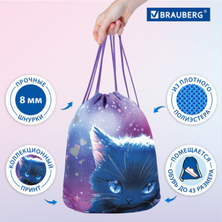 Мешок для обуви BRAUBERG PREMIUM, карман, подкладка, светоотражайка, 43х33 см, Anime cat, 272421