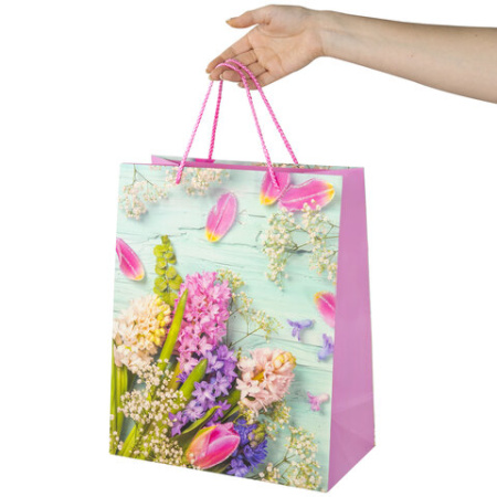 Пакет подарочный (1 штука) 26x13x32 см, ЗОЛОТАЯ СКАЗКА "Spring Flowers", глиттер, розовый, 608247