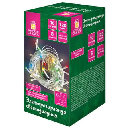 Электрогирлянда-нить комнатная 10 м, 120 LED, вид: "Стандарт", пастельная мультицветная, ЗОЛОТАЯ СКАЗКА, 592472