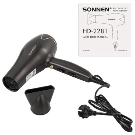 Фен для волос SONNEN HD-2281, 2200 Вт, турмалиновая ионизация, 3 температуры, холодный обдув, 454696
