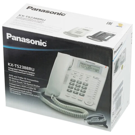 Телефон PANASONIC KX-TS2388RUW, АОН, спикерфон, память 50 номеров в справочнике, тональный/импульсный режим, белый