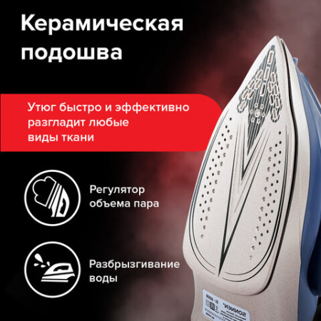 Утюг паровой SONNEN SI-6008, 2200 Вт, керамическое покрытие, антикапля, серебристый/золотой, 456998
