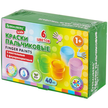 Краски пальчиковые для малышей от 1 года, 6 цветов (3 пастельных + 3 флуоресцентных) по 40 мл, BRAUBERG KIDS, 192400