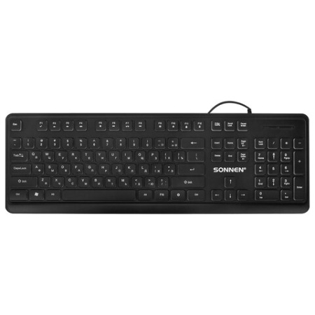 Клавиатура проводная USB, 104 плоские клавиши, LED-подсветка, SONNEN K308, черная, 513947