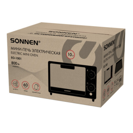 Мини-печь электрическая SONNEN EO-1001, 800 Вт, 10 л, таймер, нагрев до 230 °C, черная, 458308