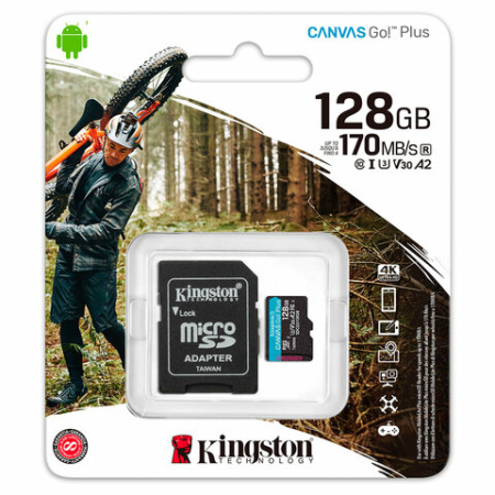 Карта памяти microSDXC 128 GB KINGSTON Canvas Go Plus, UHS-I U3, 170 Мб/с (class 10), с адаптером, SDCG3/128Gb