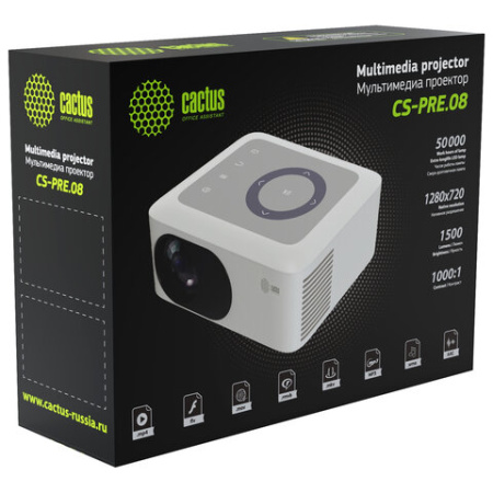 Проектор CACTUS CS-PRE.08WT.WXGA, LCD, 1280x720, 16:9, 1500 лм, 1000:1, 0,5 кг, белый
