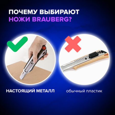 Нож канцелярский мощный 18 мм BRAUBERG "Heavy duty", автофиксатор, резиновые вставки, металл, 237158