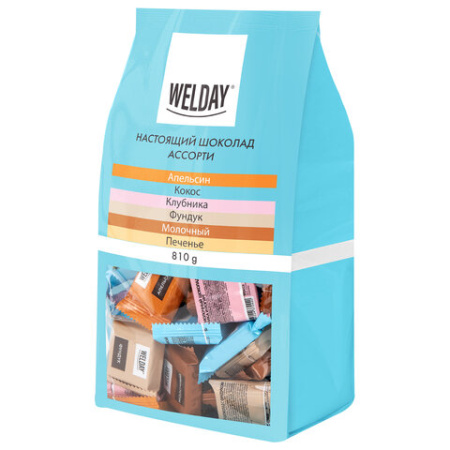 Шоколад порционный WELDAY (ВЭЛДЭЙ), ассорти 6 вкусов, 810 г (54 плитки по 15 г), пакет, 622409