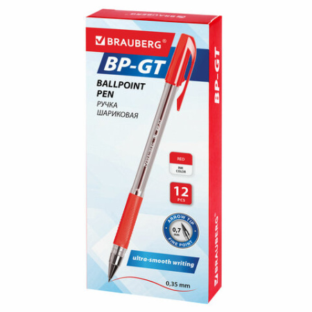 Ручка шариковая BRAUBERG "BP-GT", КРАСНАЯ, корпус прозрачный, евронаконечник 0,7 мм, линия письма 0,35 мм, 144007