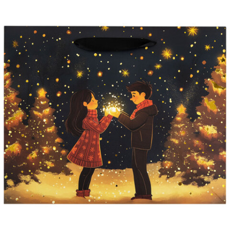 Пакет подарочный (1 шт.) новогодний, 26х13х32 см, "Love story", фольга, ассорти, ЗОЛОТАЯ СКАЗКА, 592445