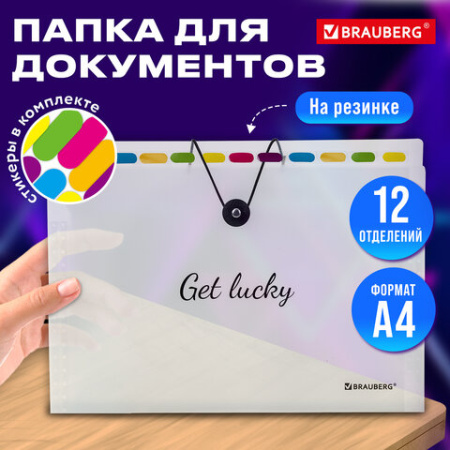 Папка-органайзер на резинке 12 отделений, BRAUBERG "Glassy", А4, прозрачная, 271929
