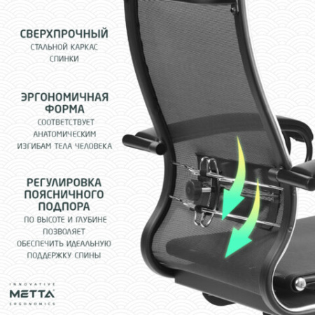 Кресло офисное МЕТТА "К-7" пластик, прочная сетка, сиденье и спинка регулируемые, черное