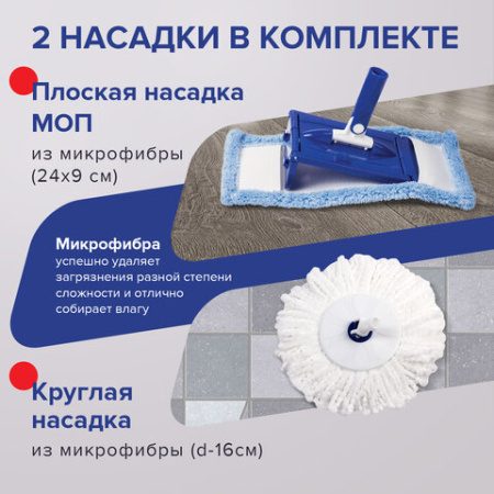 Швабра с отжимом и ведром 18 л / 8 л, центрифуга, отжим педалью, 2 флаундера/насадки круглый и прямоугольный, бело-синий, LAIMA, 603625