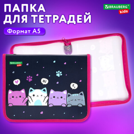 Папка для тетрадей BRAUBERG KIDS А5, 1 отделение, пластик, молния вокруг, "Четыре котика", 273323