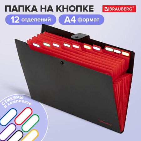 Папка-органайзер на кнопке 12 отделений, BRAUBERG "Extra", А4, черная с красным, 271934