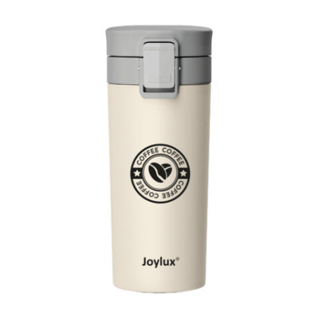 Термокружка 380 мл JOYLUX (ДЖОЙЛЮКС) CLASSIC COFFEE, нержавеющая сталь SUS304, бежевый с принтом, 700273