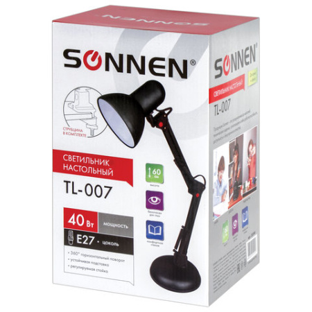 Настольная лампа / светильник SONNEN TL-007, подставка + струбцина, 40 Вт, Е27, черный, высота 60 см, 235540