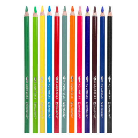 Карандаши цветные акварельные BRAUBERG PREMIUM AQUARELLE, 12 цветов, трехгранные, утолщенный грифель 4 мм, натуральное дерево, 181671