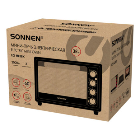 Мини-печь электрическая SONNEN EO-HL38K, 2000 Вт, 38 л, 3 режима нагрева, режим конвекции, таймер, механическое управление, черная, 458306