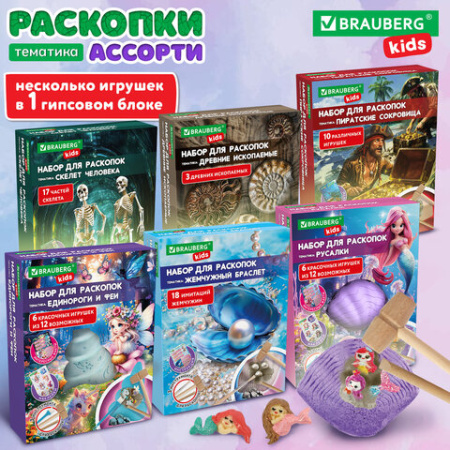 Набор для раскопок 17х21 см, инструменты, 6 видов ассорти, BRAUBERG KIDS, 665917