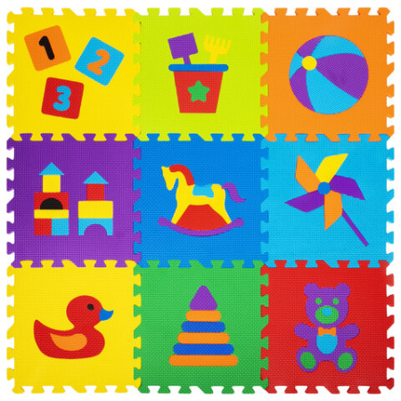 Коврик-пазл 0,9х0,9 м, мягкий, "Игрушки", 9 элементов, 30х30 см, толщина 1 см, ЮНЛАНДИЯ, 646668, 664668