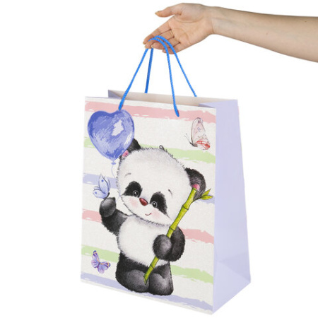 Пакет подарочный (1 штука) 26x13x32 см, ЗОЛОТАЯ СКАЗКА "Lovely Panda", глиттер, белый с голубым, 608241