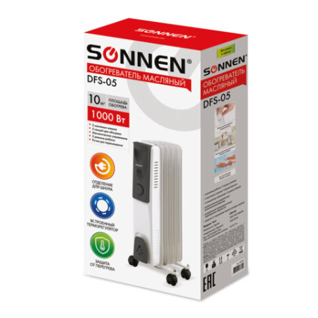 Обогреватель масляный SONNEN DFS-05, 1000 Вт, 5 секций, белый, 453497