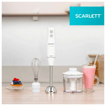 Блендер погружной SCARLETT SC-HB42F06, 850 Вт, 2 скорости, 3 насадки, стакан, белый