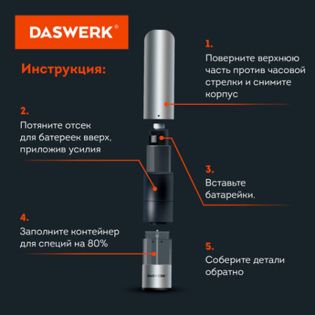 Мельница для специй, 4 уровня помола, электрическая, с подсветкой, PM-1, DASWERK (ДАСВЕРК), 456619