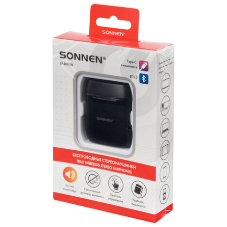 Наушники беспроводные TWS вкладыши с микрофоном, SONNEN EP-BH10B, Bluetooth 5.3, черные, 514122