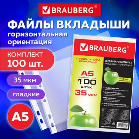 Папки-файлы МАЛОГО ФОРМАТА (148х210 мм), А5, ГОРИЗОНТАЛЬНЫЕ, КОМПЛЕКТ 100 шт., 35 мкм, BRAUBERG, 223085