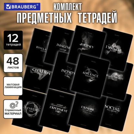 Тетради предметные, КОМПЛЕКТ 12 ПРЕДМЕТОВ, 48 л., матовая ламинация, BRAUBERG "SHADOWS", 405176