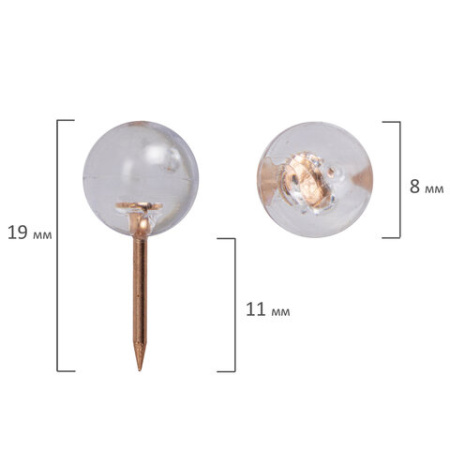 Силовые кнопки-гвоздики BRAUBERG CLEAR & GOLD, прозрачные с золотистым (шарики), 100 штук, 11 мм, 272760