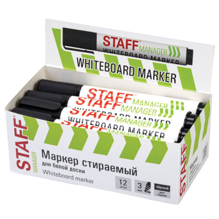 Маркер стираемый для белой доски, ЧЕРНЫЙ, STAFF "MANAGER" WBM-300, 3 мм, с клипом, 152636