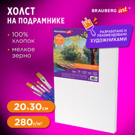 Холст на подрамнике BRAUBERG ART DEBUT, 20х30см, 280 г/м2, грунт, 100% хлопок, мелкое зерно, 191641